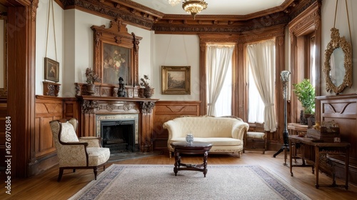 Classic Victorian living room with ornate decor and fireplace