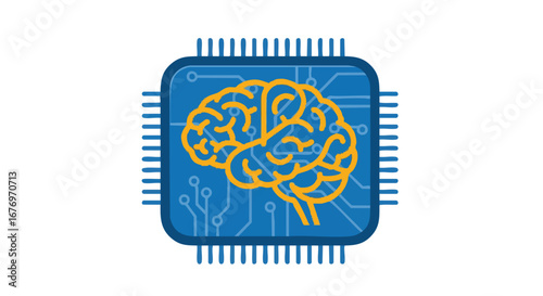 Stylized brain within a microchip design symbolizing artificial intelligence and neural networks that highlights technology