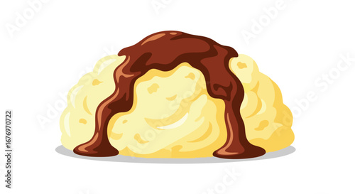Illustrative representation of luscious mashed potatoes adorned with a glossy chocolate sauce cascade presenting a delightful indulgence