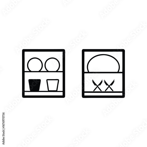 Dish rack Iconography: A clean and modern depiction of a dish rack, perfect for conveying the functionality and organization associated with kitchen storage solutions.