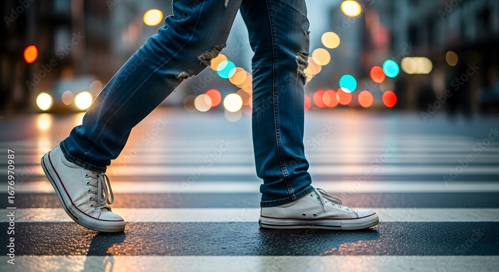 Fototapeta premium Person walking city street at night, crossing pedestrian crossing, wearing jeans and sneakers.