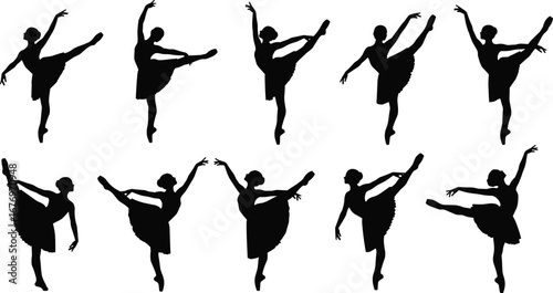 Silhouette of graceful ballerina dancers performing elegant ballet poses, classical dance art, movement, grace, strength, beauty, stage performance.