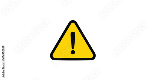 Sharp caution triangle symbol with exclamation mark against potential hazards and risks, bright yellow warning icon on a white backdrop, safety