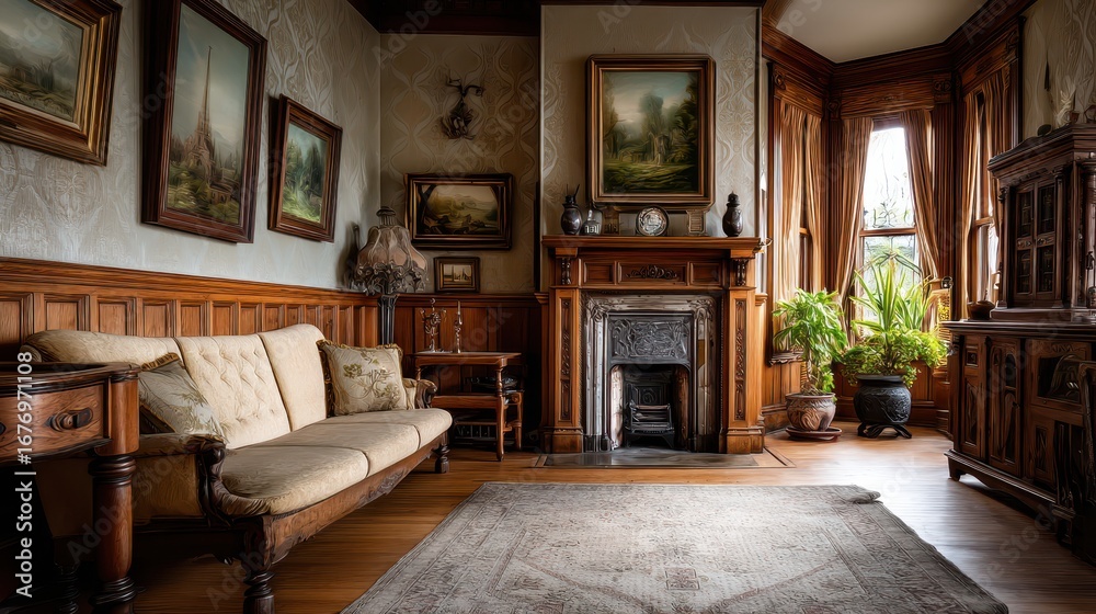 Fototapeta premium Period-style Victorian interior antique fireplace oil paintings