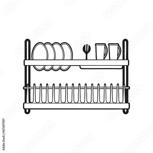 Dish Rack with Dishes: A meticulously drawn dish rack, neatly arranged with plates, a fork, and mugs, embodying everyday functionality.