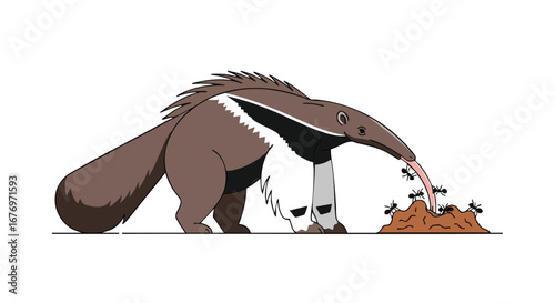 Animated anteater slurping ants from a brown anthill in a playful cartoon style on a white backdrop, emphasizing the animal's natural feeding behavior