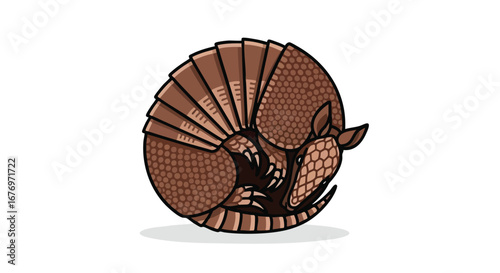 Stylized Armadillo Illustration Curled in Protective Posture Detailed Brown Scaled Texture and Shield Cute Cartoon Vector Isolated On White Background