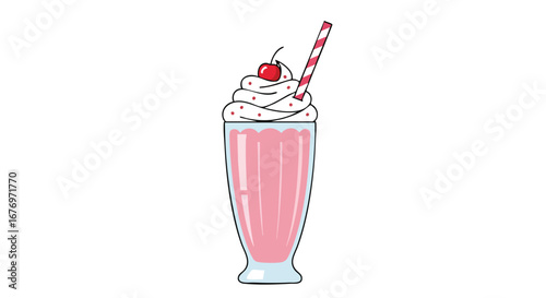 Whimsical strawberry milkshake illustration with delightful whipped cream and cherry topping, creating a sweet temptation for a playful cartoon