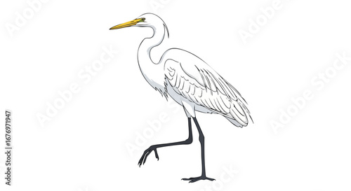 Elegant egret illustration showcasing graceful posture and delicate feather details on a clean white canvas adding a touch of refined wildlife art