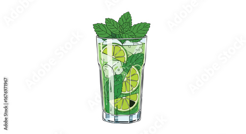Illustrative Refreshment: A Vibrant Mojito with Mint, Lime, and Ice Cubes on a White Background
