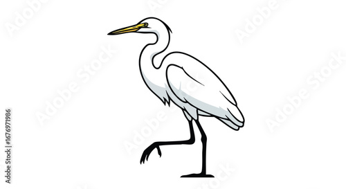Elegant white heron illustration on a white background, showcasing its characteristic long neck and graceful pose conveying a serene and minimalist