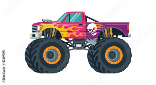 Cartoon Monster Truck with Skull and Flames Design Showing Exaggerated and Exuberant Vehicle Art