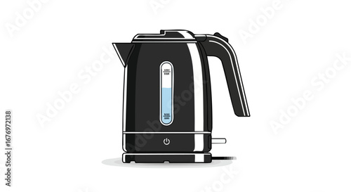 Stylized illustration showcasing a black electric kettle with water level indicator and power switch, ready for hot beverages