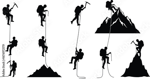 Silhouette of mountain climbers rappelling and ascending peaks, extreme outdoor adventure, hiking, mountaineering, rope climbing, expedition, alpine challenge, teamwork