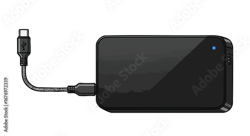 A black power bank with a type-C cable, suggesting portable power and modern charging technology for mobile devices or electronic gadgets on the go