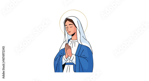 A serene digital illustration of a praying Virgin Mary with a halo, radiating peace and devotion against a clean white backdrop