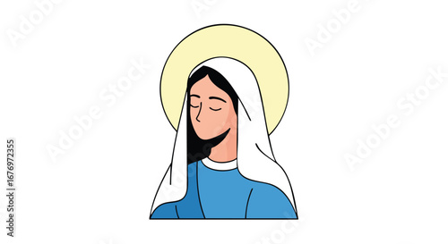 Serene depiction of Mary with a halo, rendered in a minimalistic style, capturing a sense of peace and spiritual devotion shown through delicate