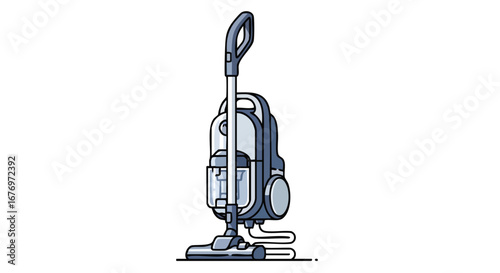 Upright vacuum cleaner illustration depicting domestic appliance for household floor cleaning with detailed design and outlining for visual clarity