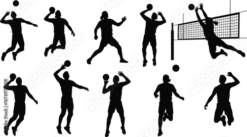 Silhouette of Volleyball Players in Action Jumping, Spiking, Serving, and Blocking at Net, Isolated on White Background for Sports Design