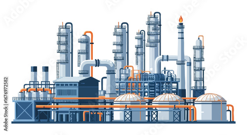 Illustrated chemical industrial plant, rendering complex refinery with various structures and orange pipelines conveying materials across facility