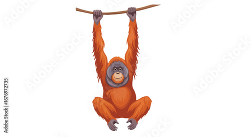 Whimsical orangutan swinging illustration creating a sense of playful primate acrobatics in vibrant hues against white canvas backdrop
