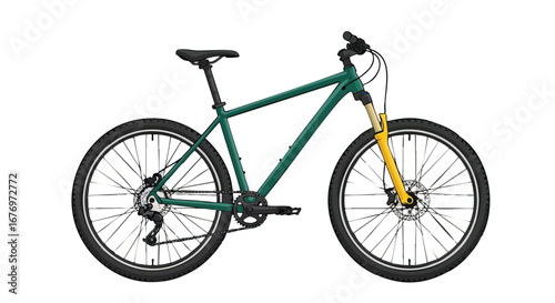 Modern mountain bike in emerald green with distinctive golden front suspension, showcasing its sleek design and off-road capabilities for