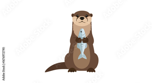 Delightful otter character clutching a stylized fish skeleton on a blank backdrop drawing attention to the endearing animal and humorous design