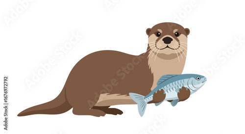 Adorable otter illustration holding a blue fish with a charming expression showcasing wildlife and aquatic life in a delightful manner