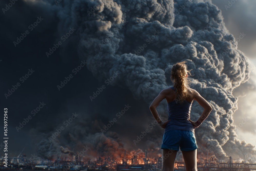Obraz premium Young activist silhouette defies smoke-filled mine in striking image. Human rights report. Study reveals surge in human rights violations at mines across key regions. Central asia mines.