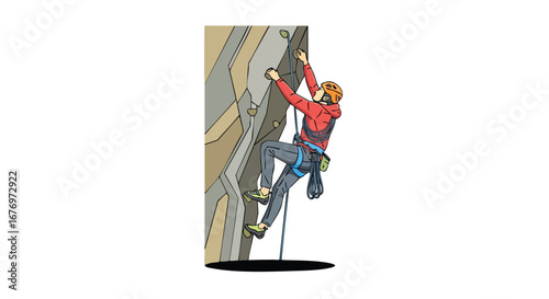 Illustration depicting a man ascending a climbing wall with safety gear, highlighting athletic challenge and recreational activities for climbing