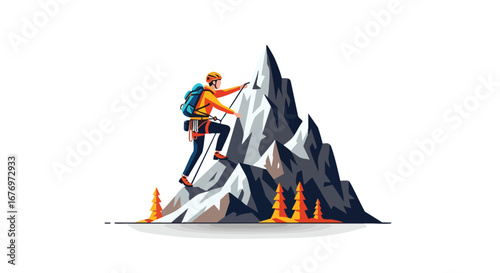 Cartoon illustration of a mountaineer ascending a jagged peak with focus and determination achieving a personal triumph