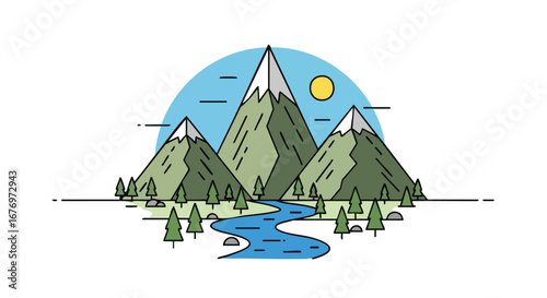 Scenic mountain range illustration with river valley and forest landscape illustration