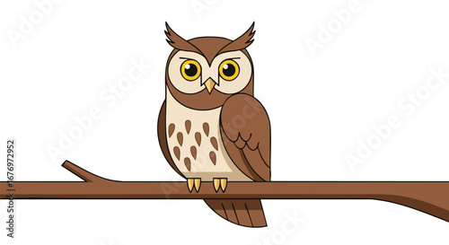 Cartoon owl perched on a branch against a white backdrop creating a tranquil and whimsical scene illustration perfect for children's books or