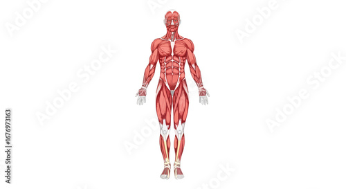 Detailed depiction of the human muscle structure showcasing anatomy on a white backdrop ideal for educational resources and medical study guides