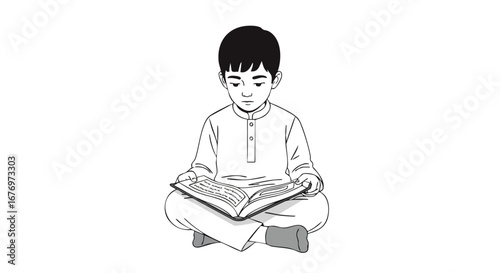 A monochromatic depiction of a boy absorbed in reading while seated cross-legged with focused attention on the open book in his lap