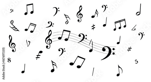 Musical Composition: A dynamic array of musical notes and symbols on a clean white background, showcasing harmony, rhythm and composition