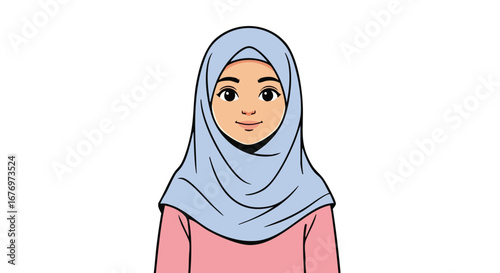 Illustration depicting a woman with a hijab, rendered with smooth lines and pastel hues, representing cultural diversity and modern modesty in