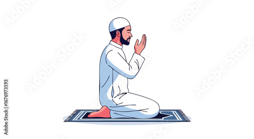 Illustration of a Muslim man praying on a rug with hands raised in supplication in a simple clean vector graphic style for Islamic themes