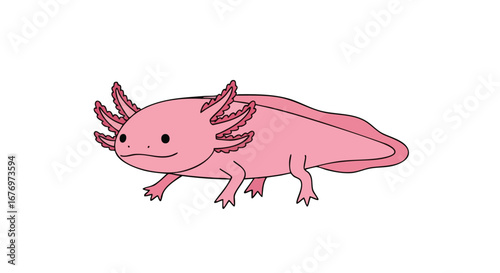 Playful pink axolotl cartoon illustration on a clean white backdrop providing a joyful image for children's educational material related to unique