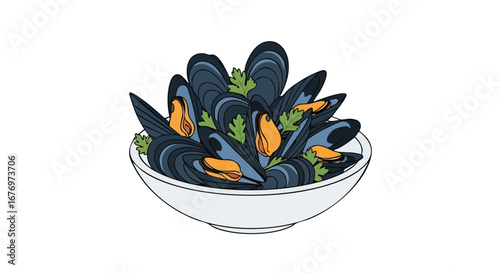 Illustration of a bowl filled with cooked mussels garnished with fresh parsley sprigs on a white background