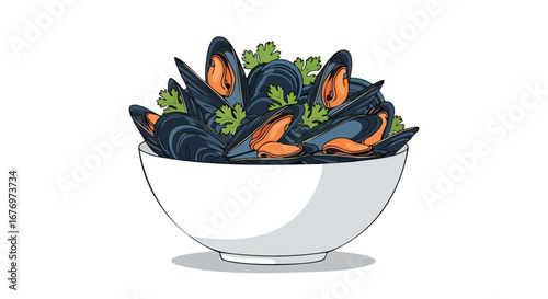 Artistic rendition of a bowl filled with steamed mussels adorned with fresh herbs, showcasing marine delicacy and culinary