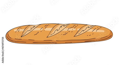 Hand-Drawn Baguette Illustration Featuring Sliced Crust and Golden-Brown Hue Perfect for Culinary Projects and Artistic Ventures
