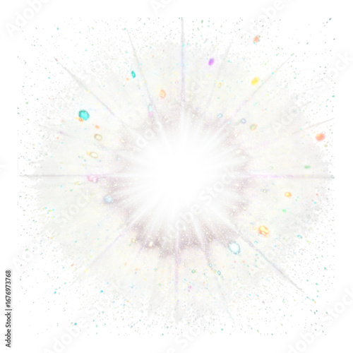 Bright starburst explosion with light flares and sparkles isolated on transparent background