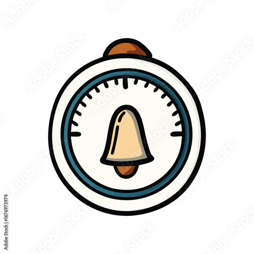Kitchen Timer Icon: A hand-drawn illustration of a classic kitchen timer, its simple design features a clear dial with markings and a stylized bell indicating the passage of time and readiness.
