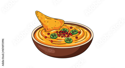 Spicy cheese dip bowl with tortilla chip, perfect for appetizer or snack illustration, showcasing a delicious cheddar cheese dip