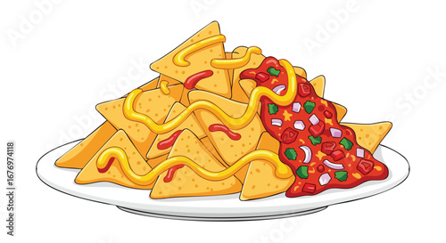 Crispy nachos stacked high on a plate, draped with creamy cheese sauce and vibrant salsa, delicious food illustration evoking comfort and enjoyment