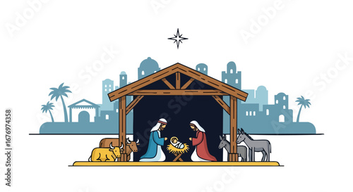 Stylized Nativity Scene Depicting the Birth of Jesus with Illustrated Background Townscape and Starry Sky for Festive Greetings