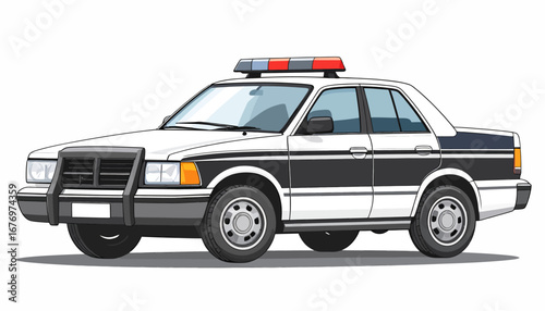 Flat illustration of a vintage police car, highlighting siren and distinctive design