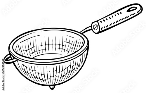 Detailed Line Art of a Kitchen Colander with Handle for Food Preparation Illustrations or Culinary Arts Designs