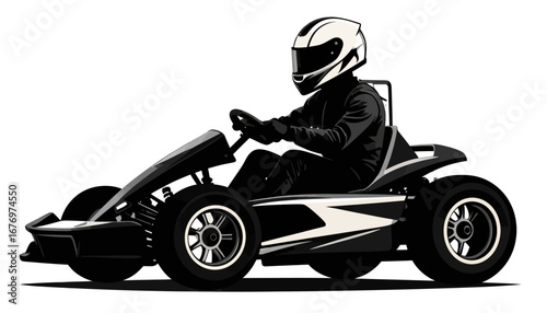 Go-kart racer in action, helmeted driver, sleek racing vehicle, vector illustration